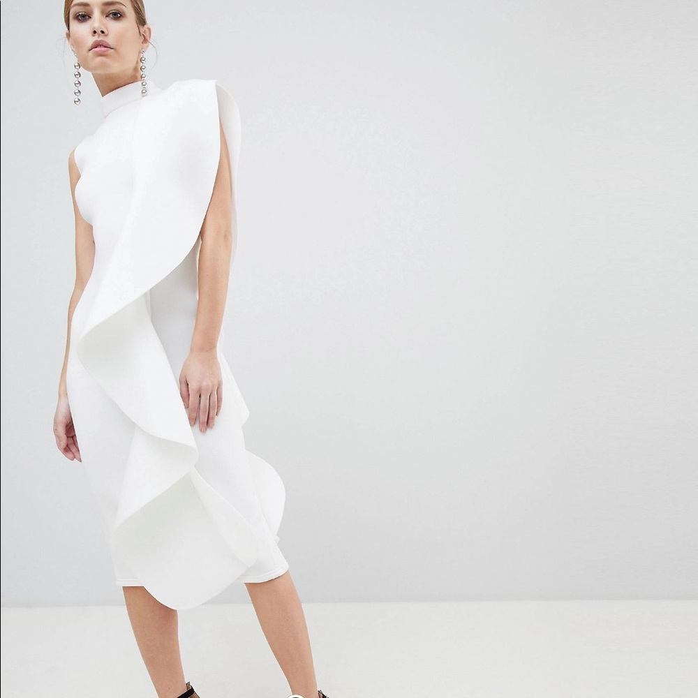 Lavish Alice High Neck Midi Dress with Sculpted Frill Detail